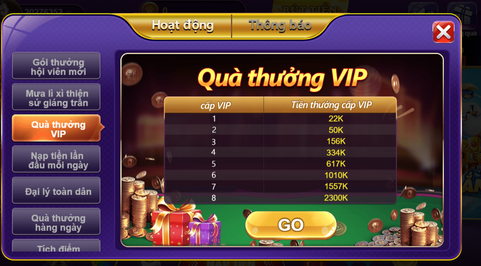 Nạp tiền nâng cấp độ VIP cho tài khoản để nhận thưởng hấp dẫn